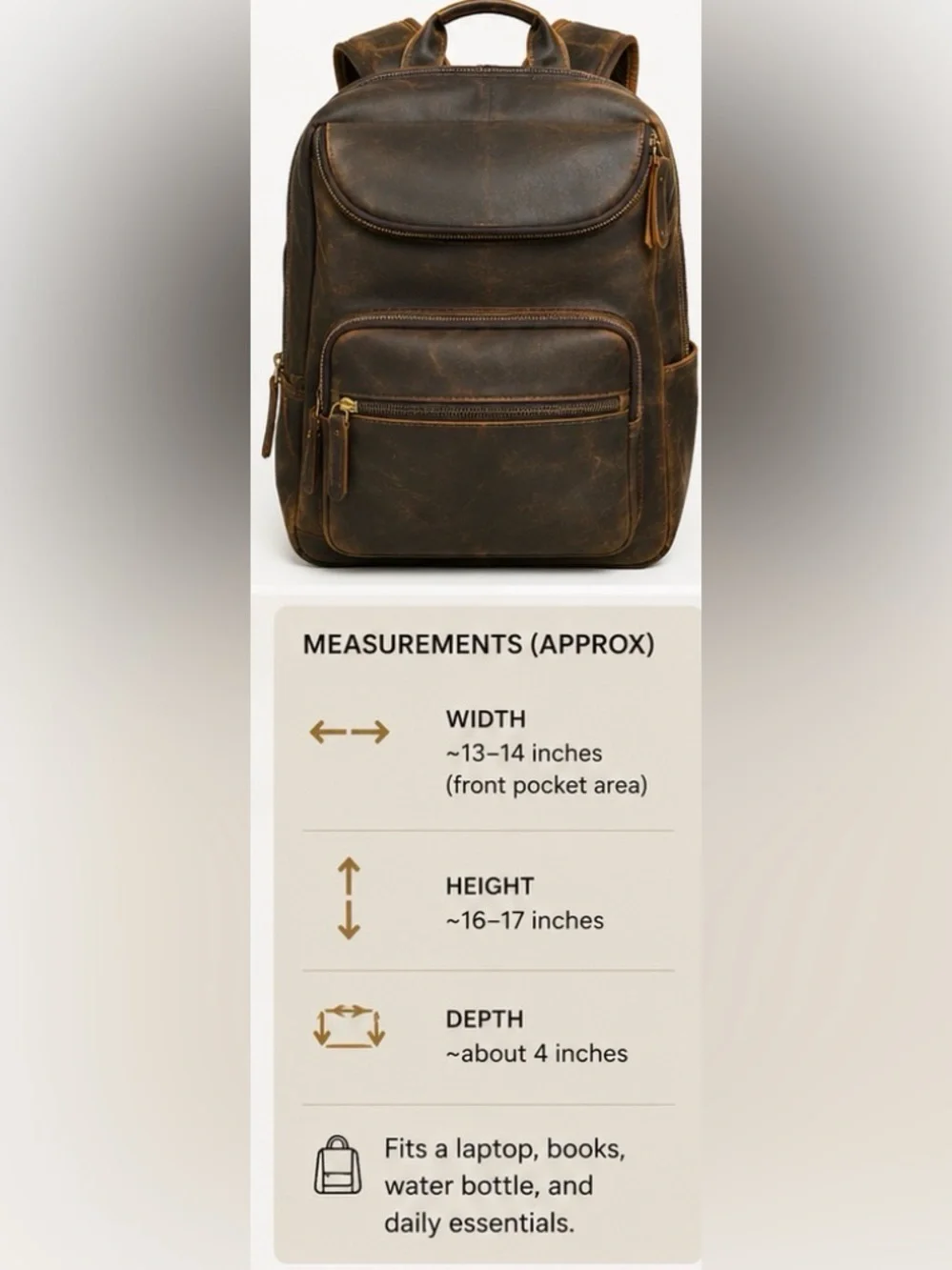 Vintage Distressed Brown Leather Backpack Full Grain Leather Adjustable Straps